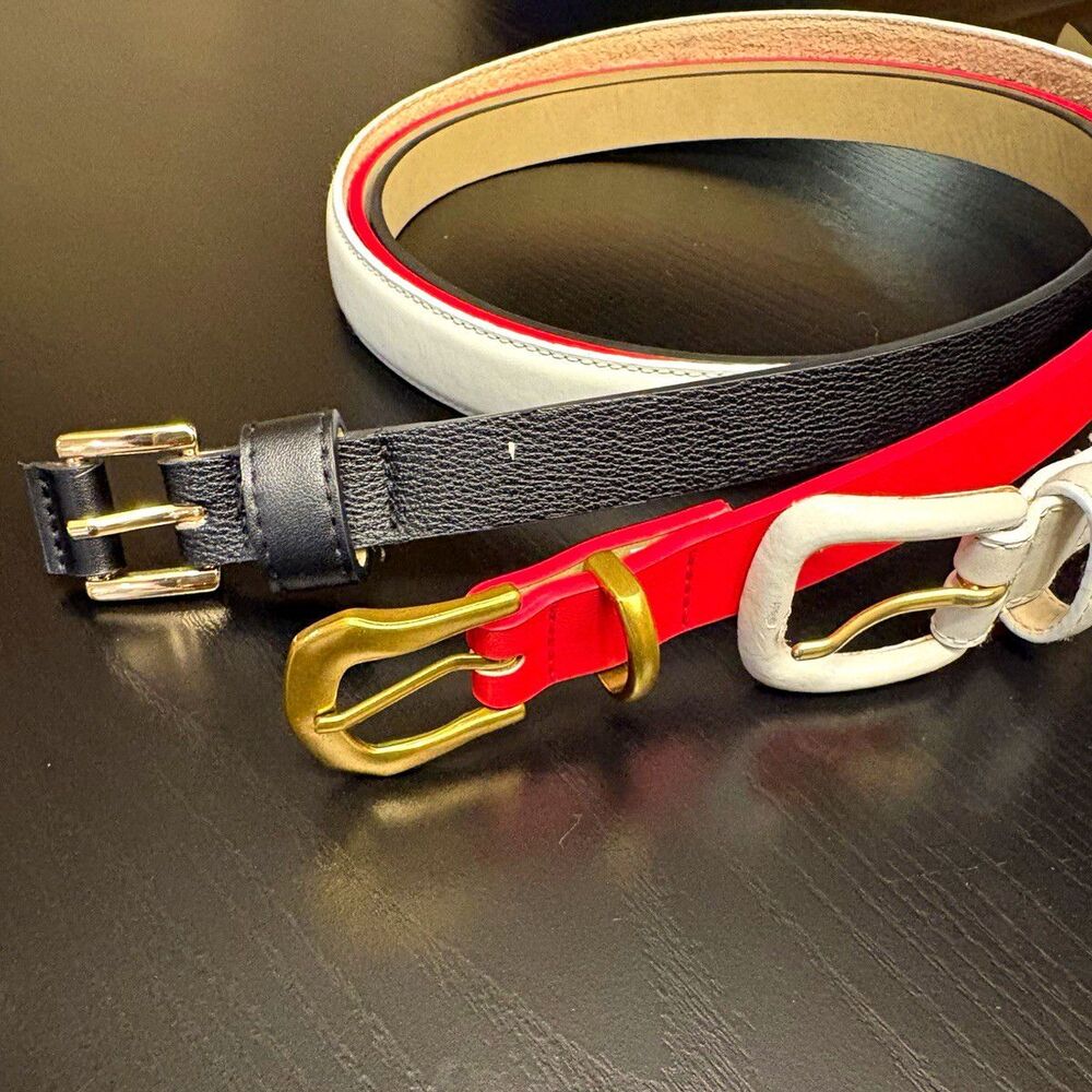 Women's Skinny Leather Belt Set (3) Black Red White Size 36 Adjustable Buckle